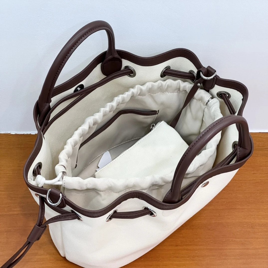Design Canvas Bucket Bag in Red with Drawstring Closure and Detachable Pouch - 17