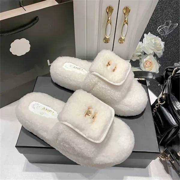 Chanel-inspired Faux Shearling Slide Slippers Beige Slippers - 9