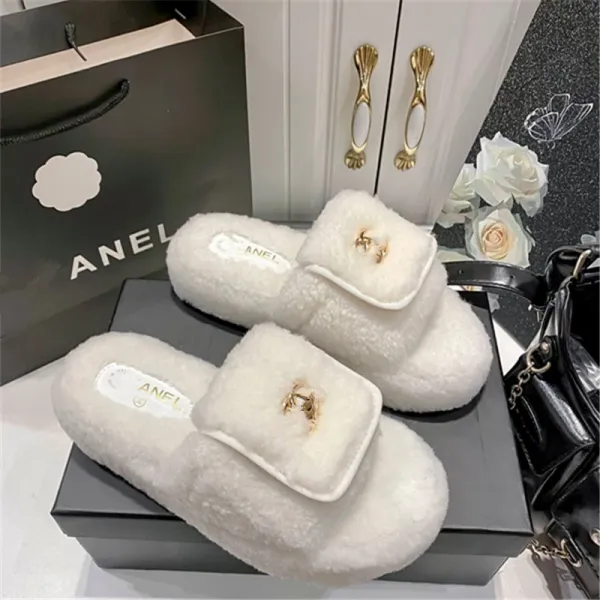 Chanel-inspired Faux Shearling Slide Slippers Beige Slippers - 11