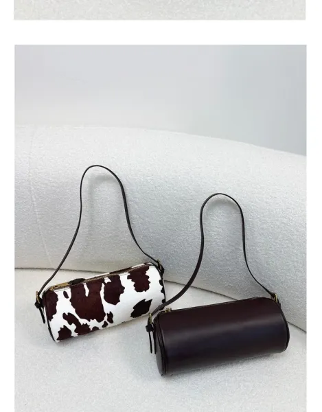 Cow Print Cylinder Shoulder Bag with Gold Hardware - 20