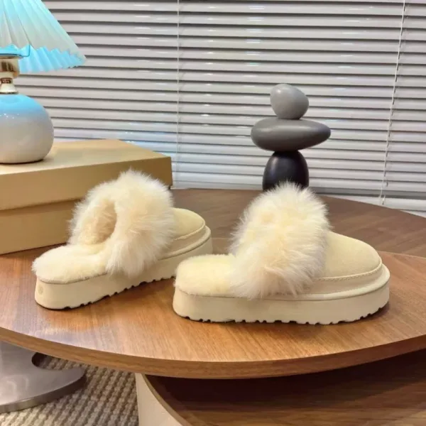 UGG Fluff Platform Slippers Beige Faux Fur Slippers - 15