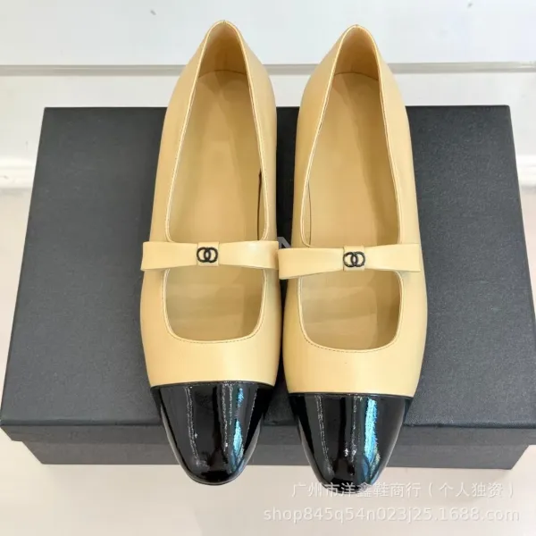 Chanel Mary Jane Flats Beige and Black Leather Shoes - 15