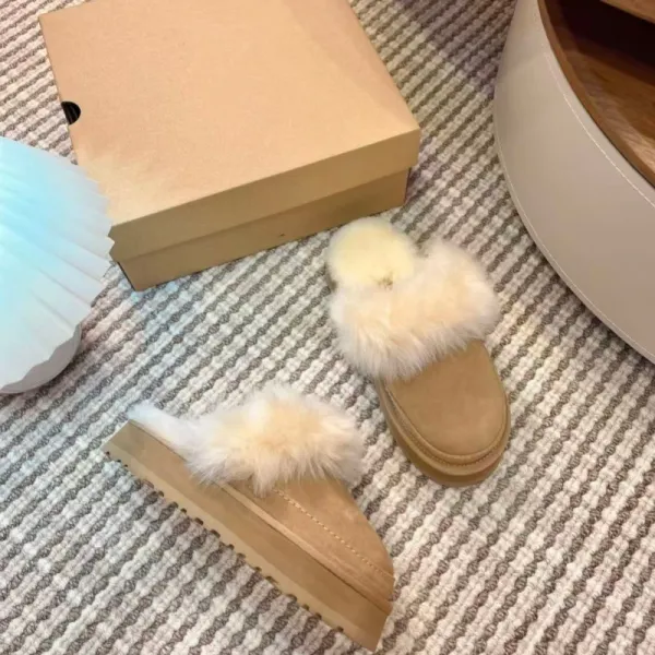 UGG Fluff Platform Slippers Beige Faux Fur Slippers - 25