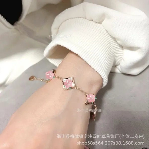 Four-Leaf Clover Enamel Heart Bracelet Pink Gold Jewelry - 4