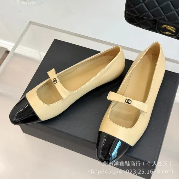 Chanel Mary Jane Flats Beige and Black Leather Shoes - 16