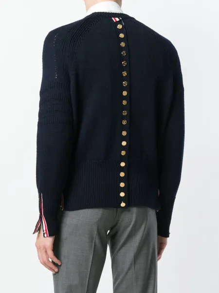 Thom Browne Navy Ribbed Cardigan with Gold Buttons and Signature Stripe - 3