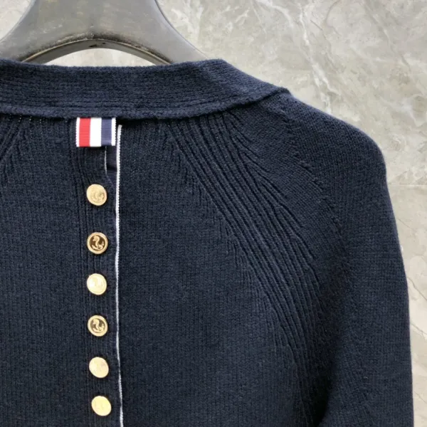 Thom Browne Navy Ribbed Cardigan with Gold Buttons and Signature Stripe - 11