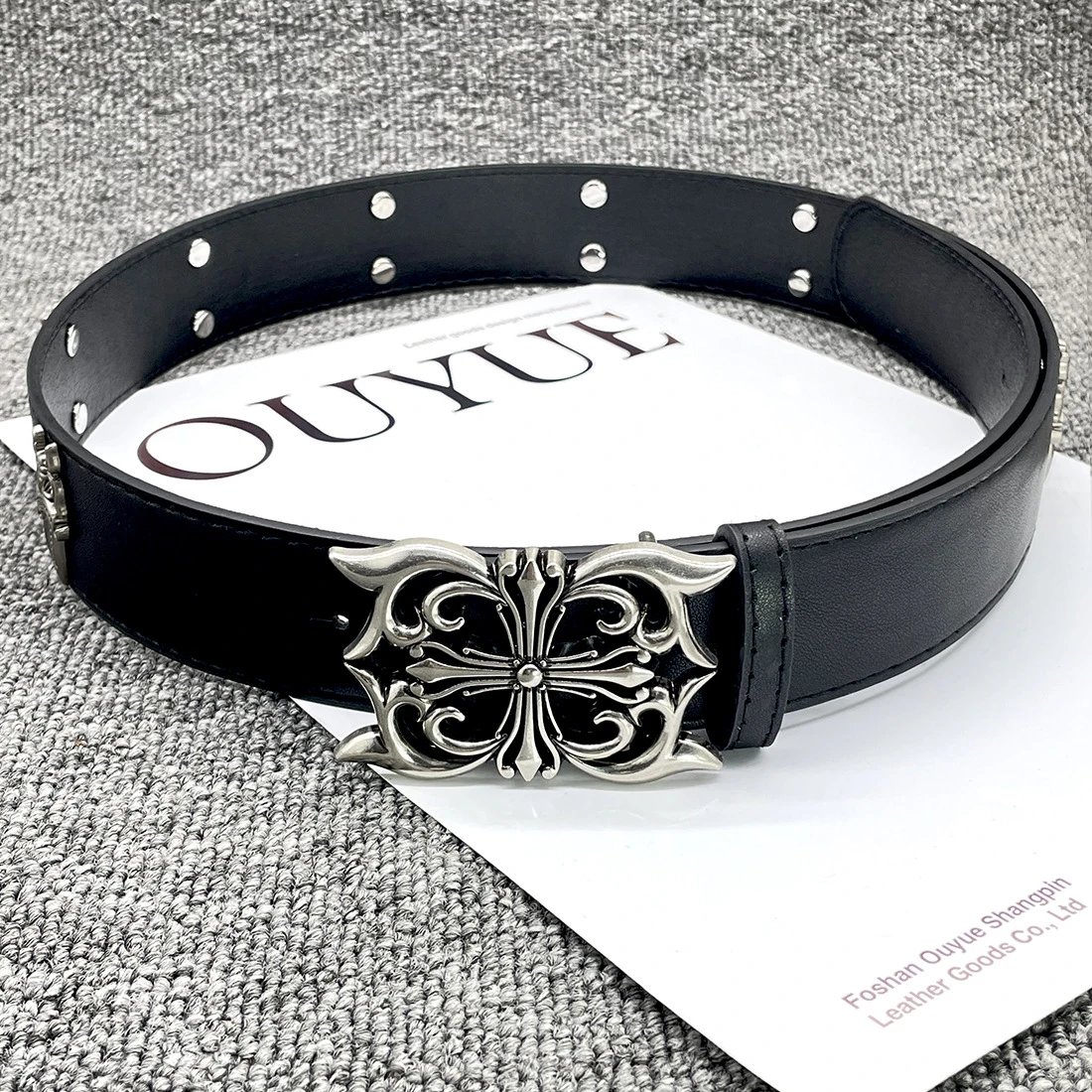 Ouyue Ornate Cross Buckle Black Leather Belt