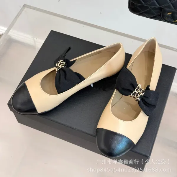 Chanel-inspired Two-Tone Bow Loafers Beige and Black Flat Shoes - 17