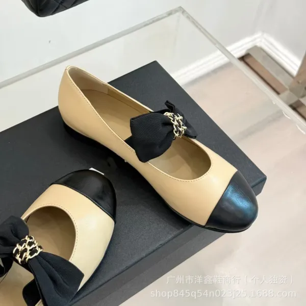 Chanel-inspired Two-Tone Bow Loafers Beige and Black Flat Shoes - 19