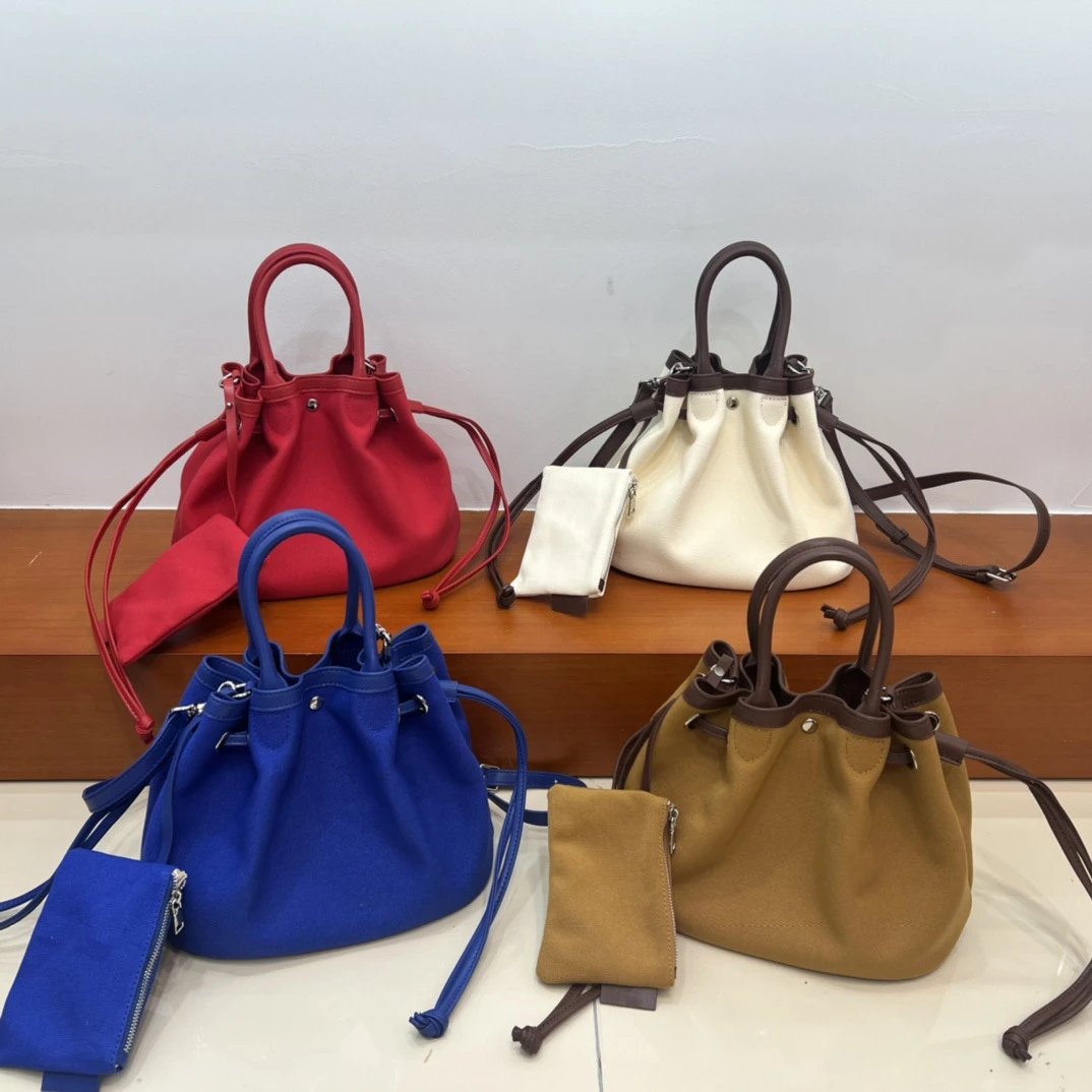 Design Canvas Bucket Bag in Red with Drawstring Closure and Detachable Pouch - 7