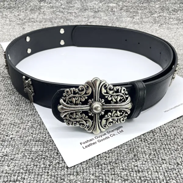 OUYUE Ornate Cross Buckle Black Leather Belt - 11