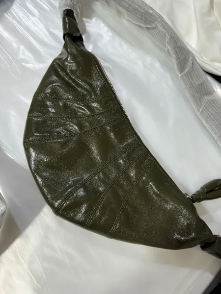 Design Crescent-Shaped Leather Hobo Bag in Cognac, Olive, and Silver - 19