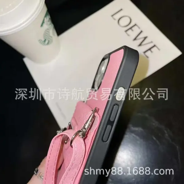 Prada-Style Triangle Cardholder Phone Case Pink Crossbody Phone Accessory - 8