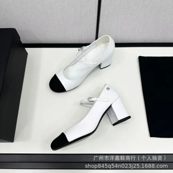 Chanel Mary Jane Block Heel White and Black Leather Shoes - 20