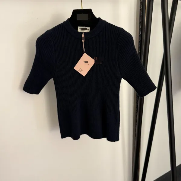 Miu Miu Ribbed Knit Short-Sleeve Sweater Navy - 4