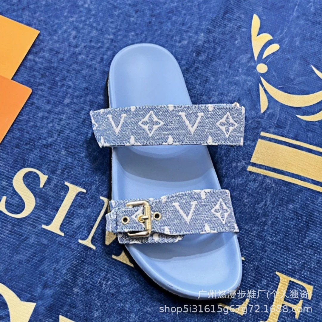 Louis Vuitton Monogram Denim Slide Sandals Light Blue