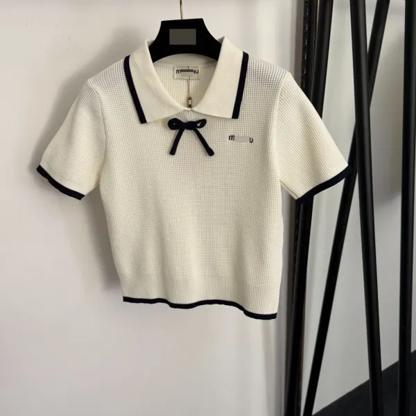 MMY Knit Polo Top and Pleated Skirt Set Beige with Black Trim - 8