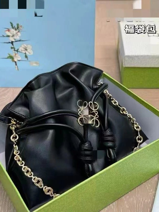 Loewe Flamenco Bucket Bag Black Leather Chain Shoulder Bag