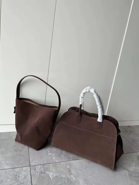 The Row Mini Soft Suede Beige Boston Bag - 26