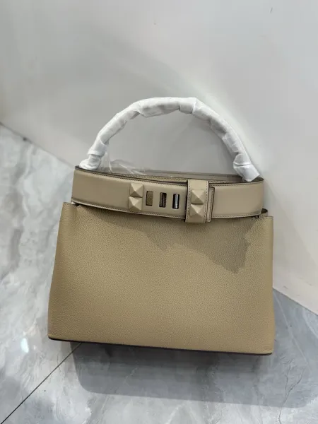 Valentino Garavani Rockstud Small Top Handle Bag Taupe Leather Handbag - 13