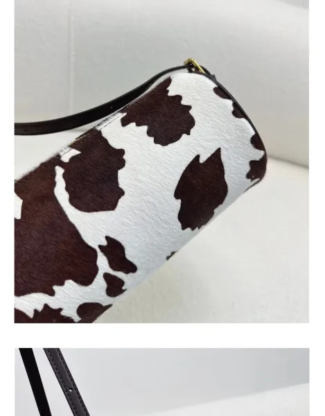 Cow Print Cylinder Shoulder Bag with Gold Hardware - 30
