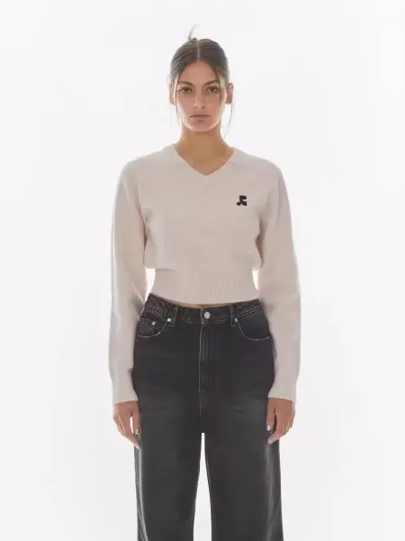 Saint Tears V-Neck Cropped Knit Sweater Black - 25