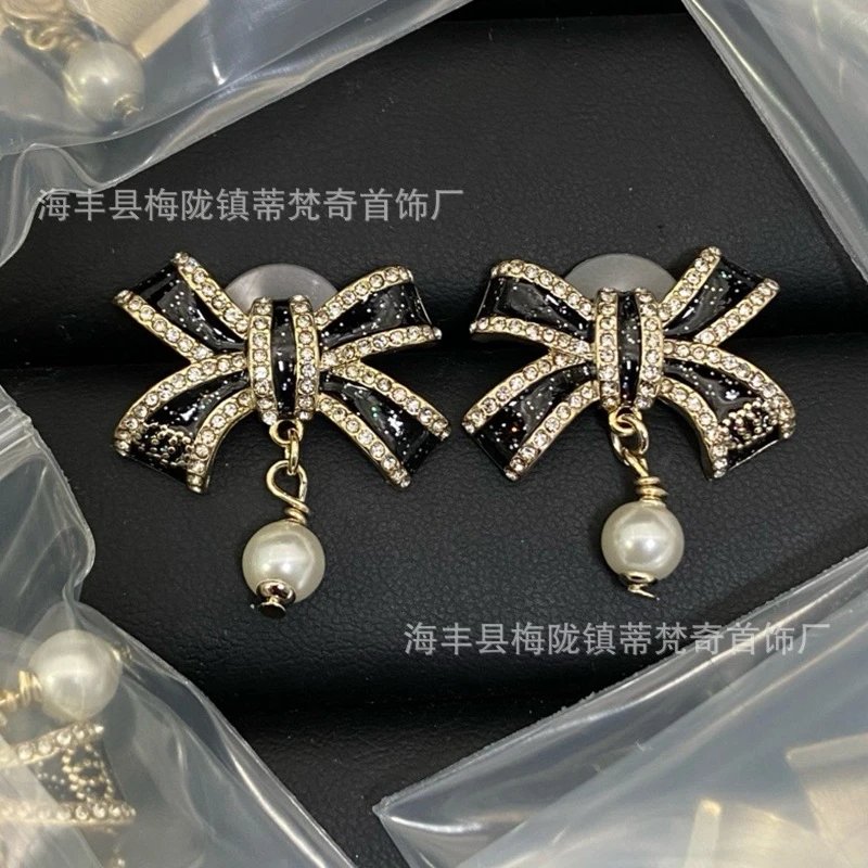 Chanel-Inspired Bow Pearl Drop Earrings Black Gold