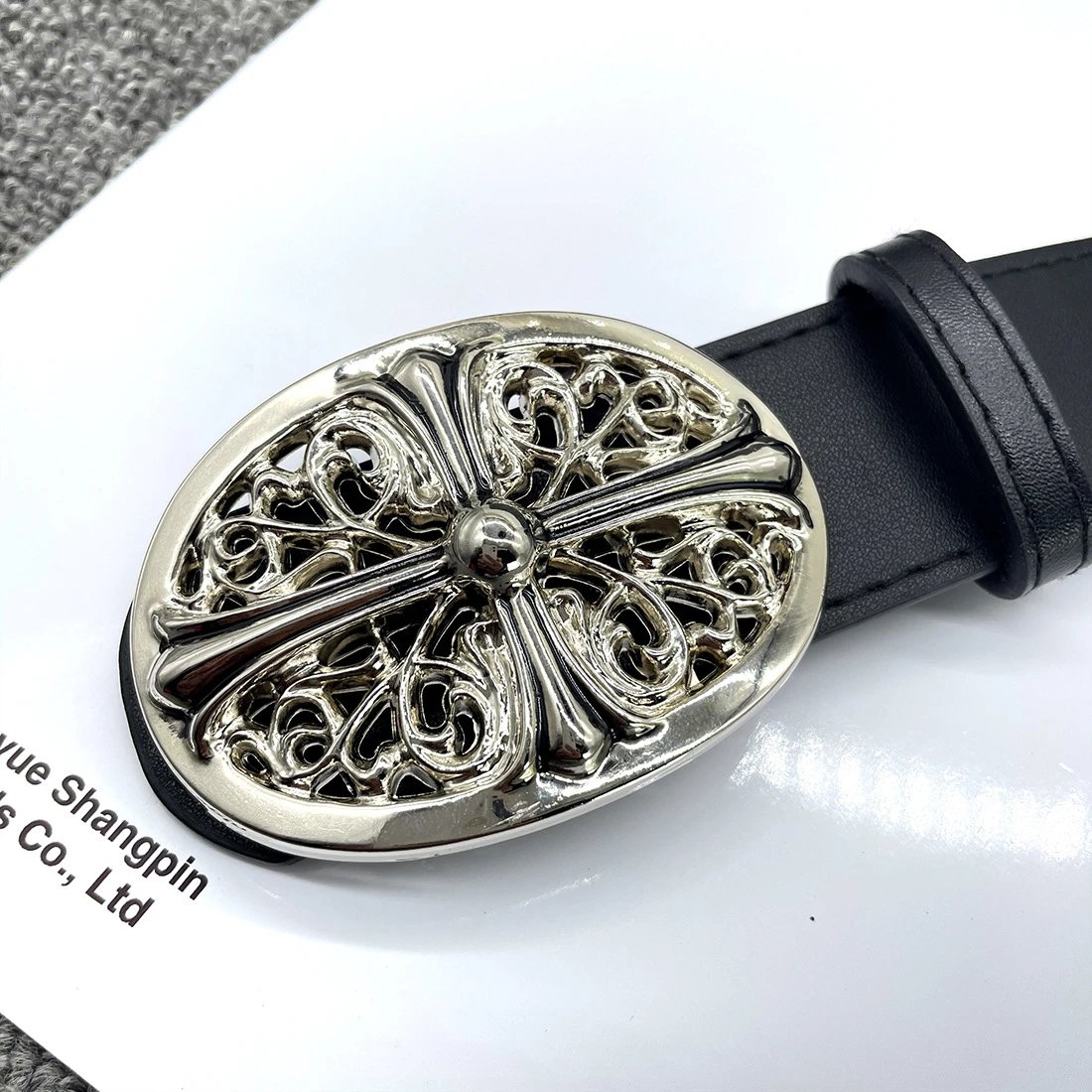 OUYUE Ornate Cross Buckle Black Leather Belt - 28