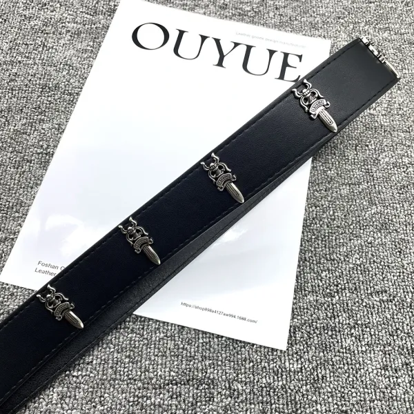 OUYUE Ornate Cross Buckle Black Leather Belt - 34