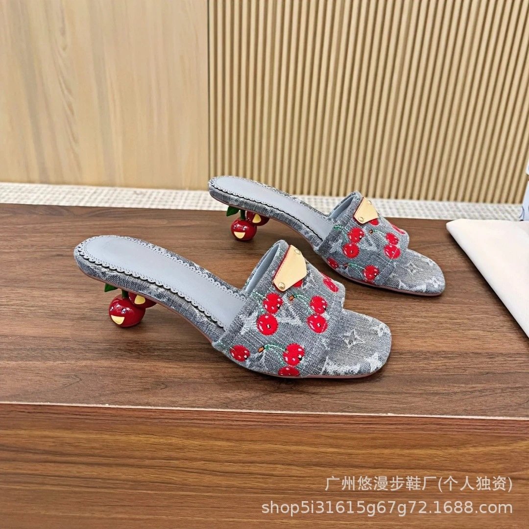 Louis Vuitton Cherry-Embellished Denim Mule Slippers Gray