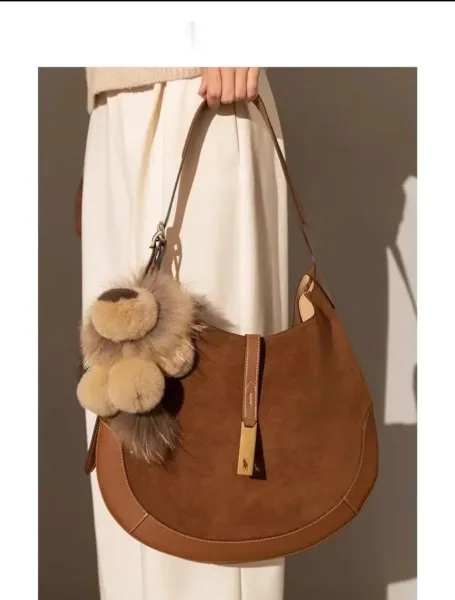 Ralph Lauren Hobo Bag Brown Suede with Gold Horse Logo Shoulder Bag - 4