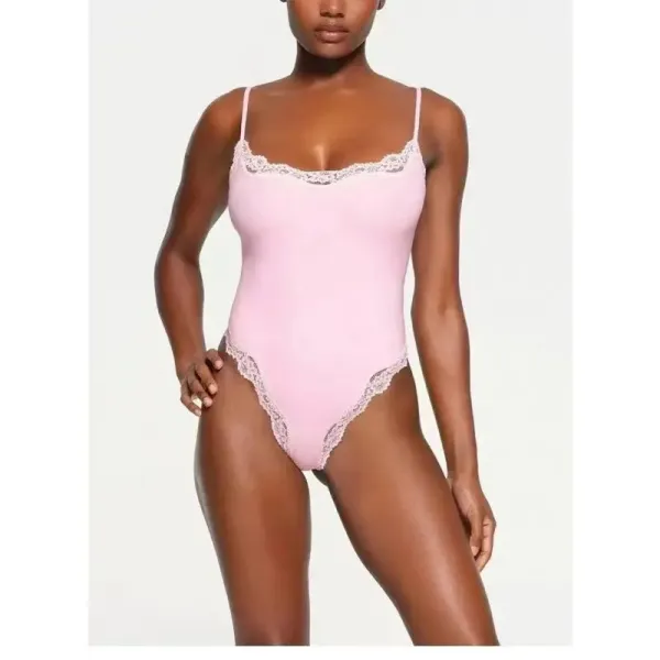 Victoria's Secret Pink Lace Trim Bodysuit Pink Underwear - 1