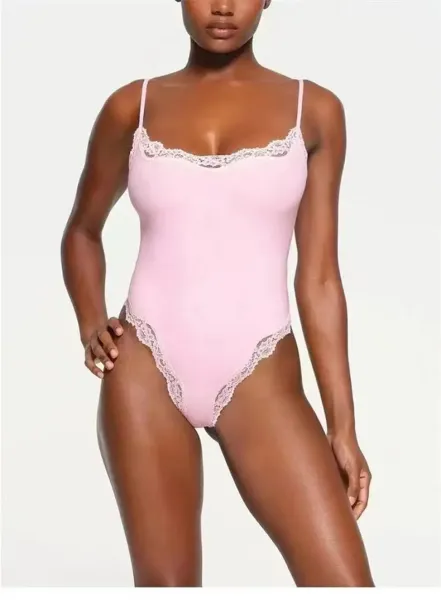 Lingerie Bodysuit in Soft Pink with Floral Lace Trim - 13