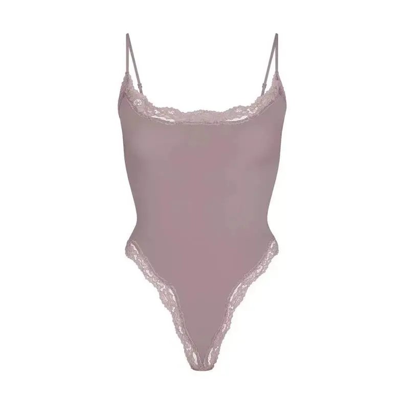Lingerie Bodysuit in Soft Pink with Floral Lace Trim - 20