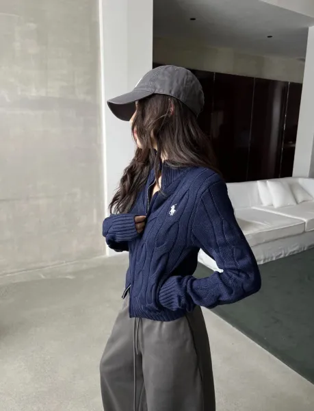 Ralph Lauren Cable Knit Cropped Zip-Up Sweater Navy - 27