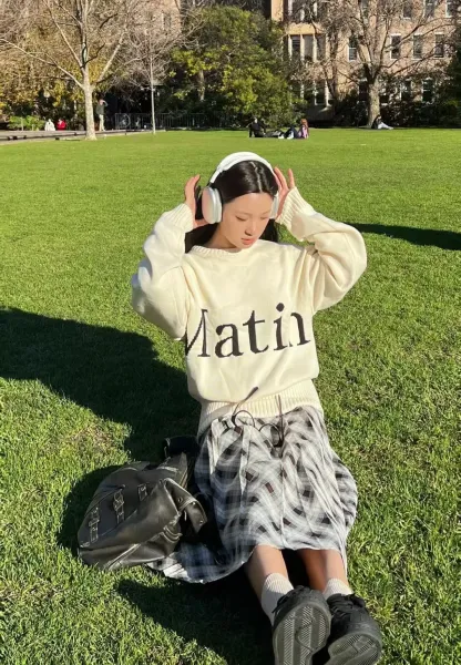 Matin White Knit Sweater with Bold Typography - 44