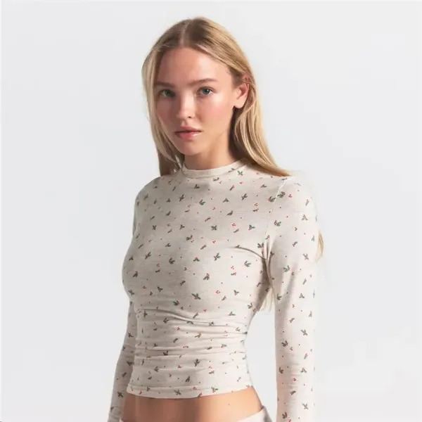 GRA Floral Print Cropped Long-Sleeve Top Beige - 4
