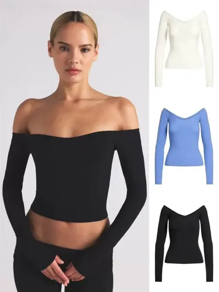 Off-White Ribbed Off-Shoulder Long Sleeve Top Black - 2