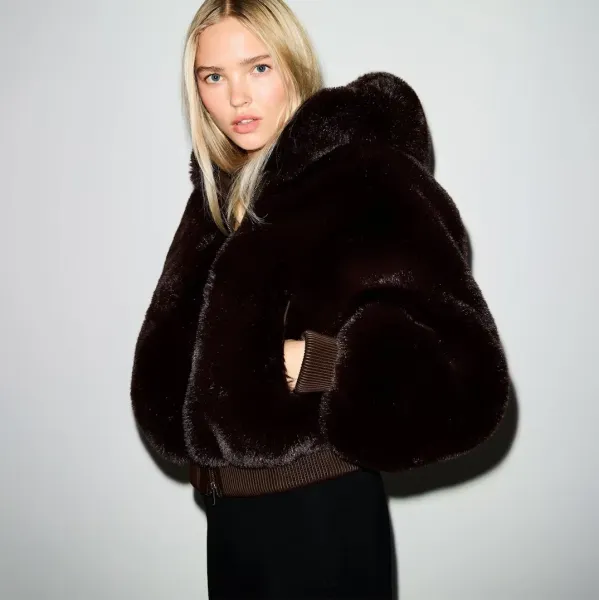 Faux Fur Cropped Hooded Bomber Jacket in Camel - 7