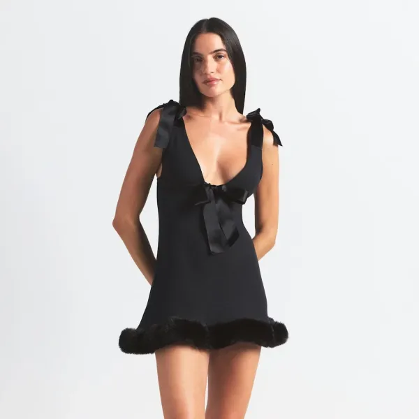 Saint Tears Bow-Back Faux Fur Hem Mini Dress Black - 4