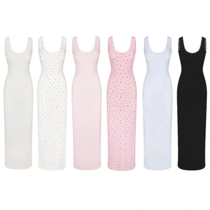 SKIMS Kardashian Soft Lounge Lace Floral Stretch Dress Ribbed Low-Back Halter Maxi Dress: findsindex.com