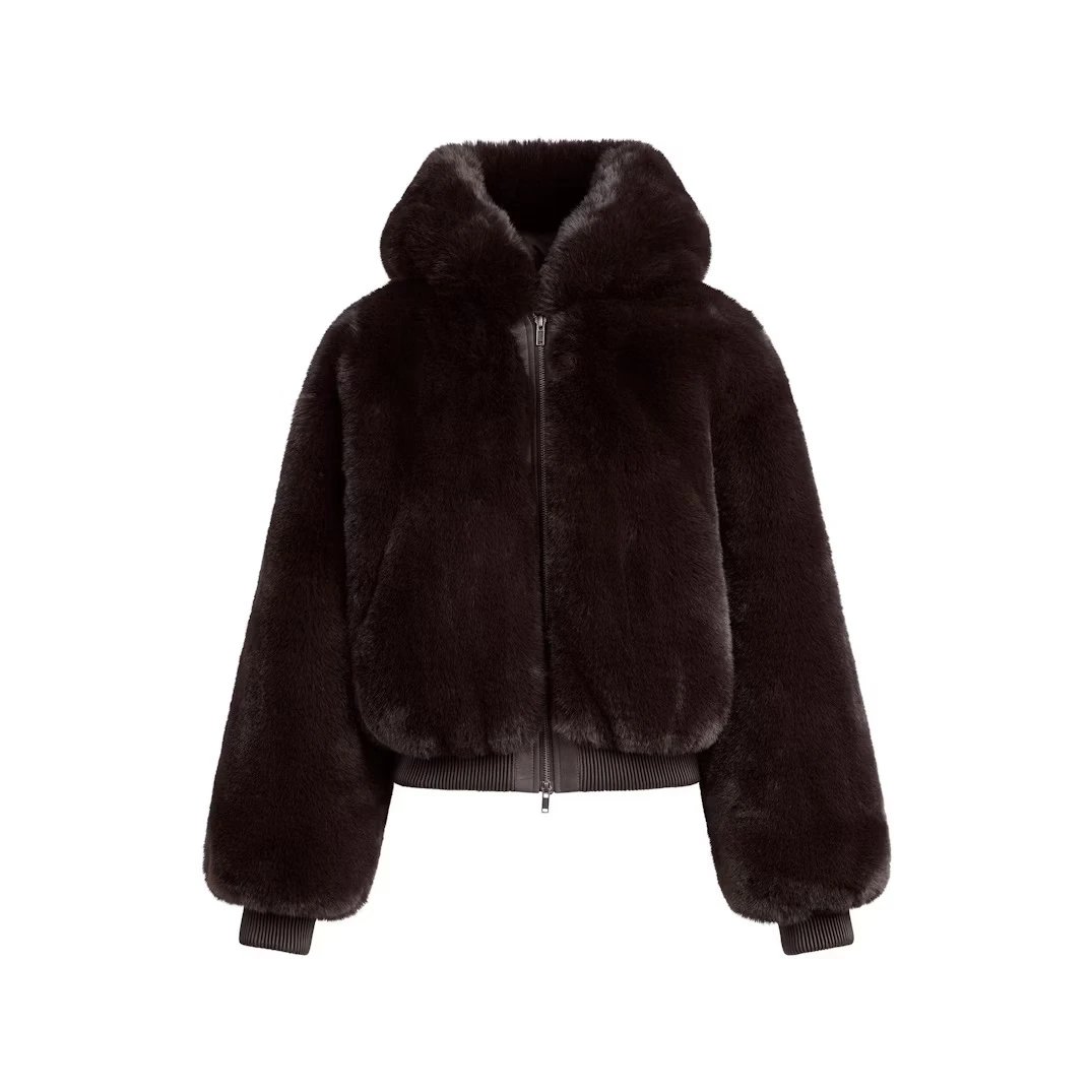 Faux Fur Cropped Hooded Bomber Jacket in Camel - 9