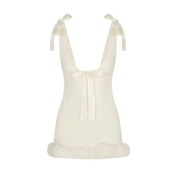 WOMANBY A VOYVES Bow-Trimmed Faux Fur Hem Camisole in Ivory - 1