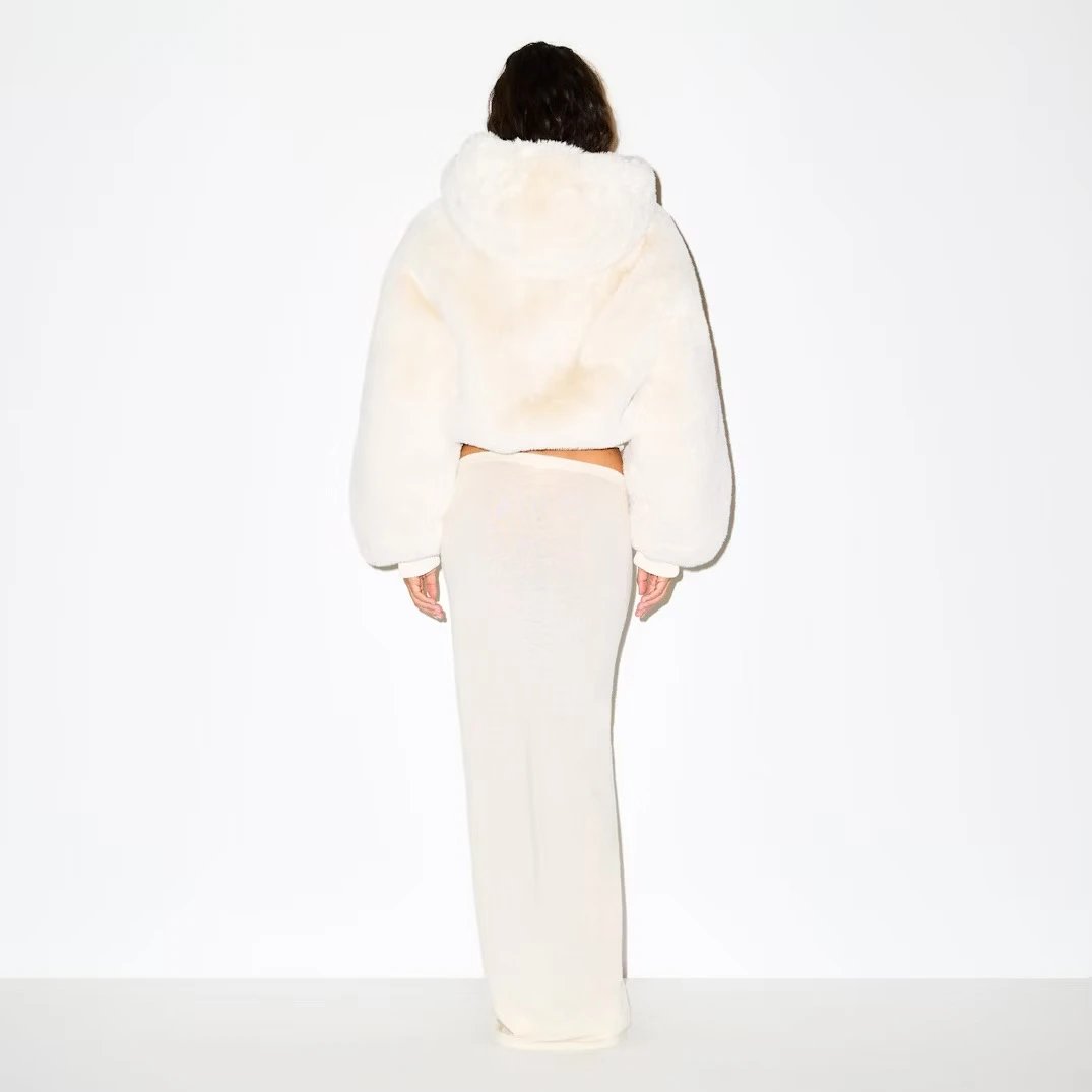 Faux Fur Cropped Hooded Bomber Jacket in Camel - 14