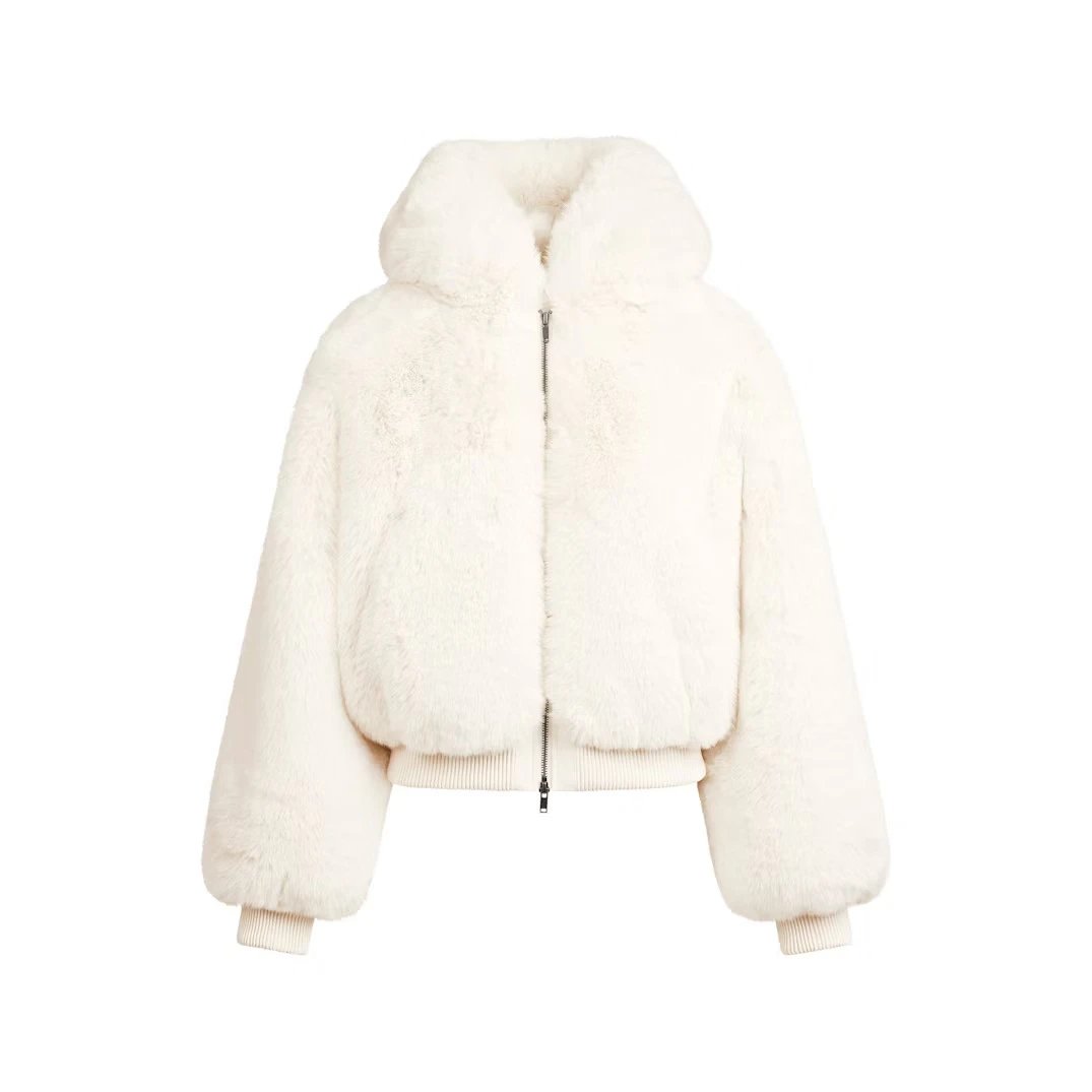 Faux Fur Cropped Hooded Bomber Jacket in Camel - 15