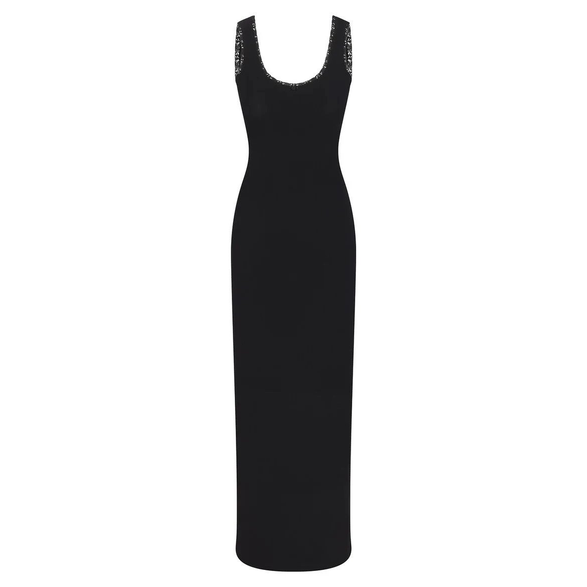 Black Lace-Trimmed Knit Maxi Dress - 6