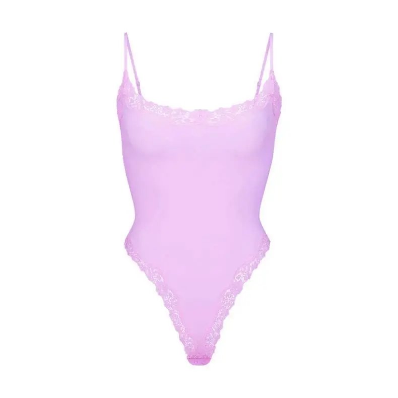 Lingerie Bodysuit in Soft Pink with Floral Lace Trim - 19