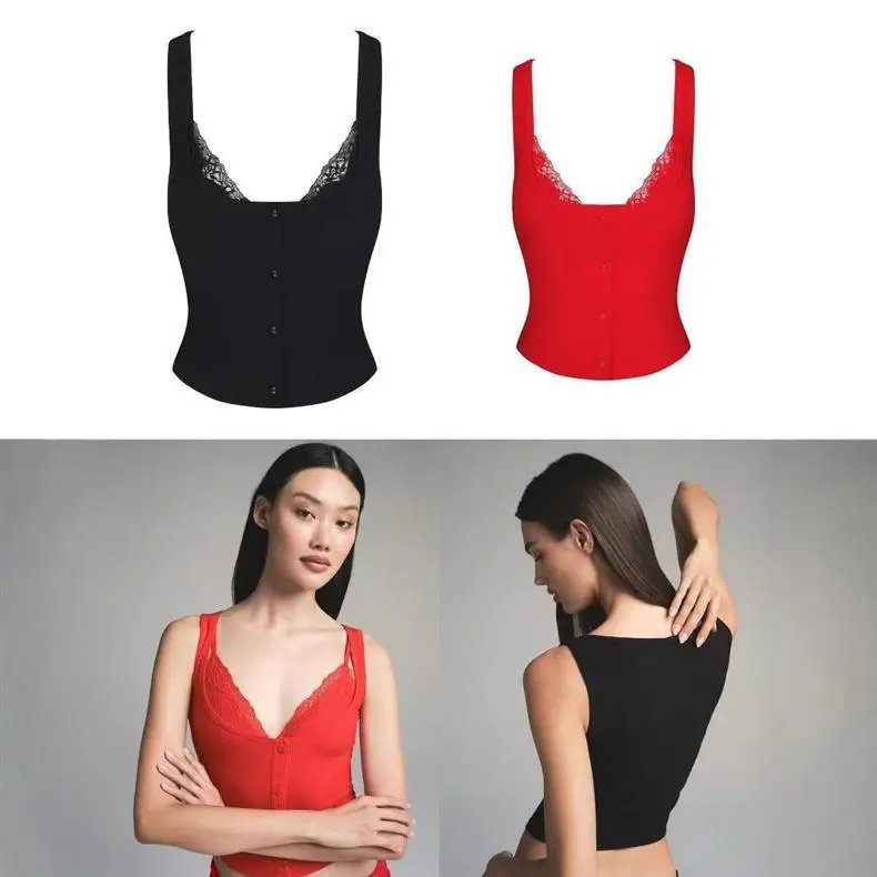 GRA Lace-Trim Ribbed Button-Front Crop Top Red - 2