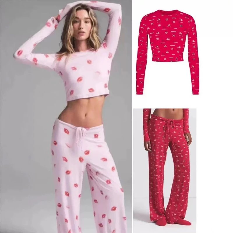 Valentine's Day Limited Edition ski* Same Style SLEEP Lip-Print Lounge Wear Set Long-Sleeve Top & Pants, Camisole & Shorts Set: findsindex.com